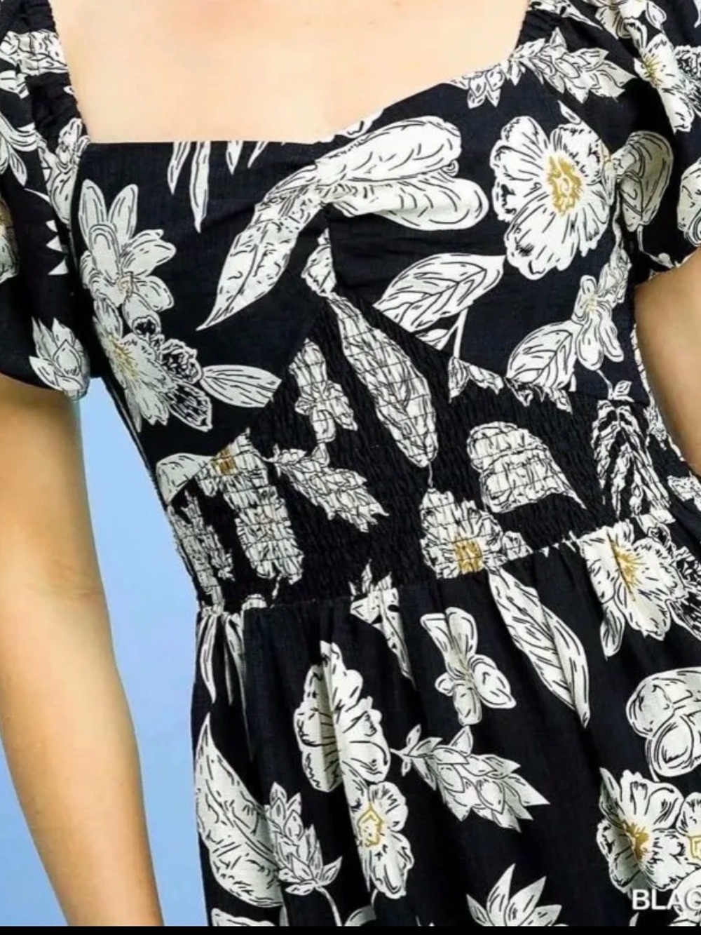 Black Floral Midi Dress with Puff Sleeves - Picture 3 of 5